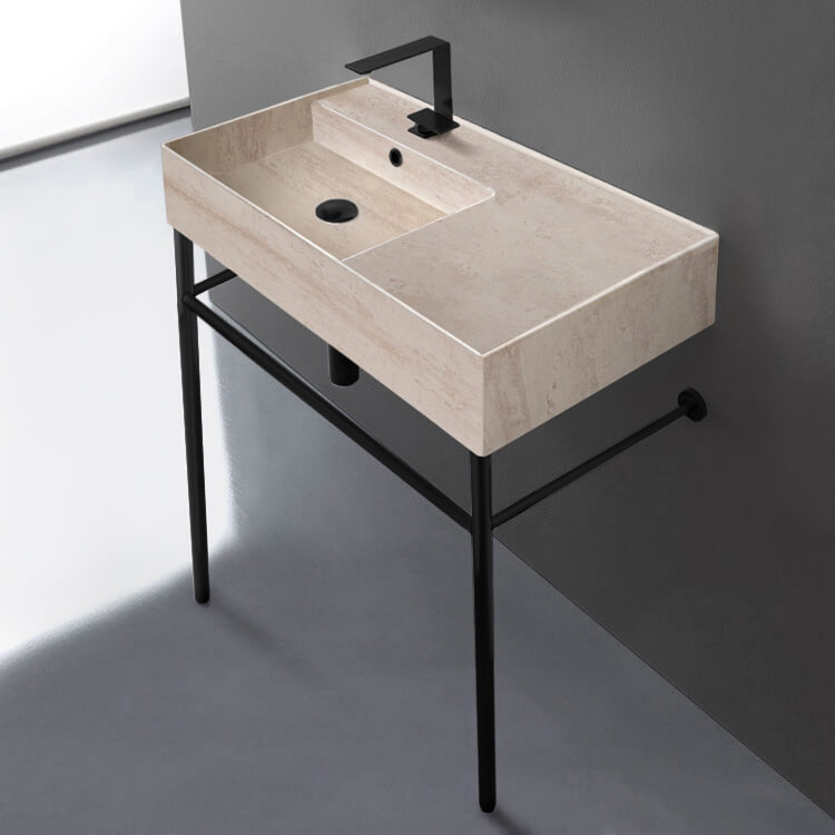 Scarabeo 5115-E-CON-BLK Beige Travertine Design Ceramic Console Sink and Matte Black Stand, 32 Inch